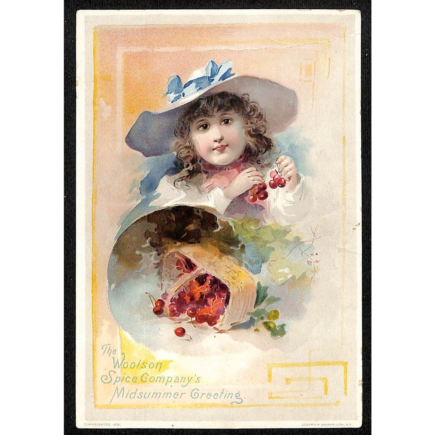 Lion Coffee Large Victorian Trade Card Girl Wears Hat With Basket of Cherries