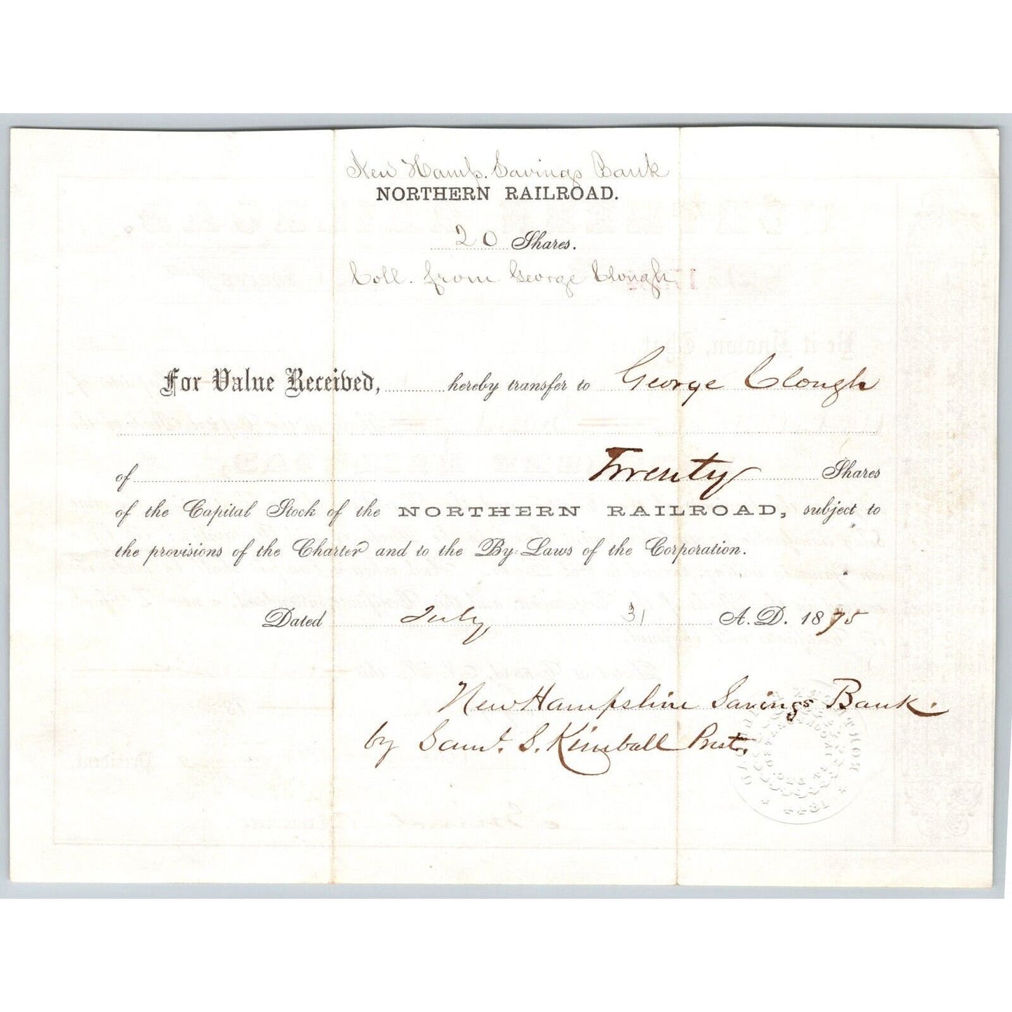 1875 Concord, NH Northern Railroad Stock Certificate No. 17382 for 20 Shares
