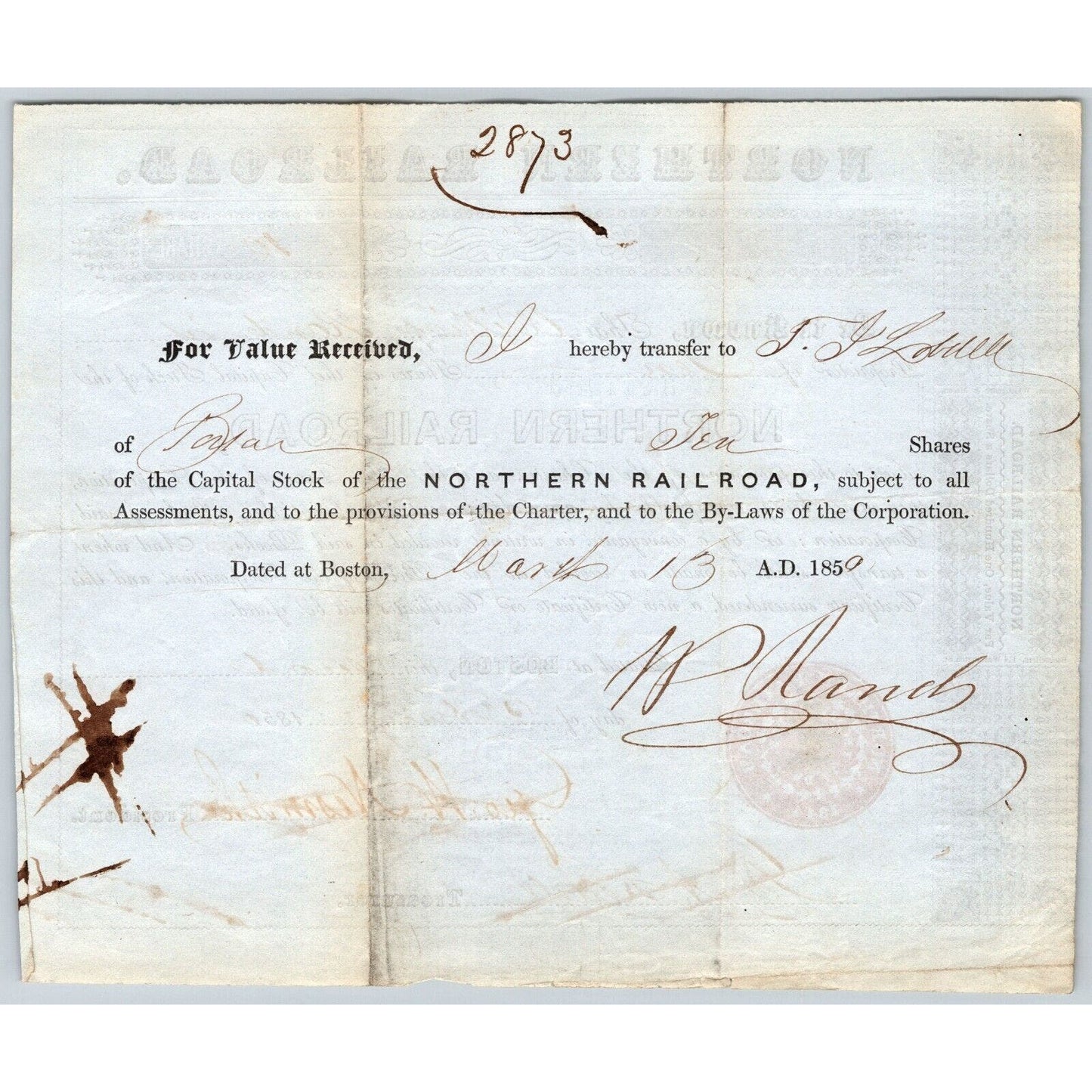 1850 Boston, MA Northern Railroad Stock Certificate No. 7562 for 10 Shares