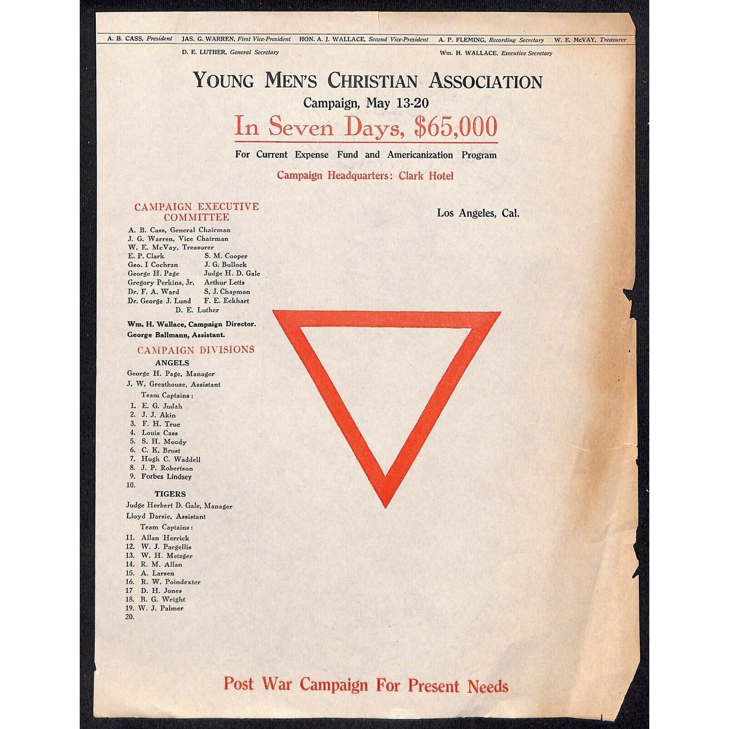 YMCA Los Angeles WWI "Post War Campaign for Present Needs" Letterhead (1 of 4)