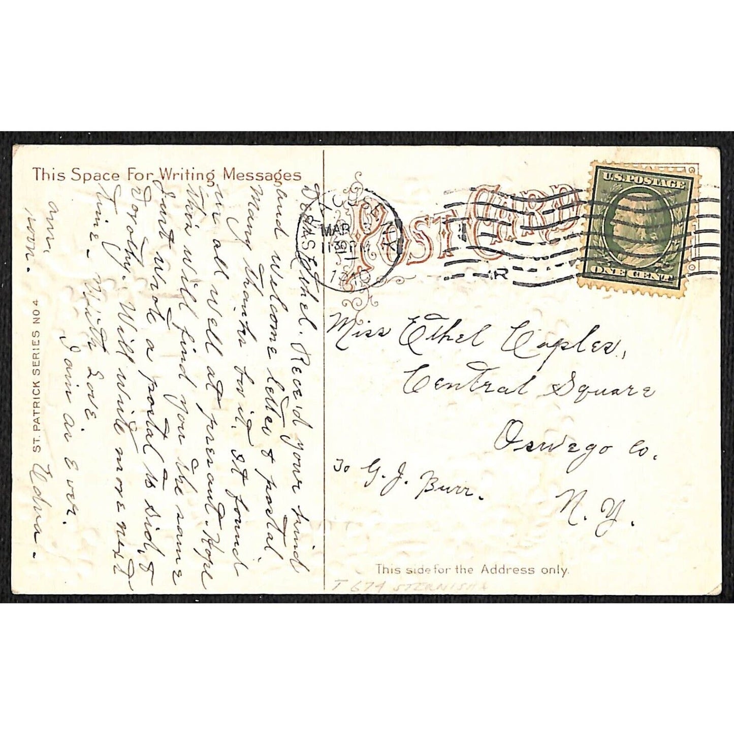 "Good Luck to Dear Old Ireland" Postcard Castle Harp Embossed - PM 1910