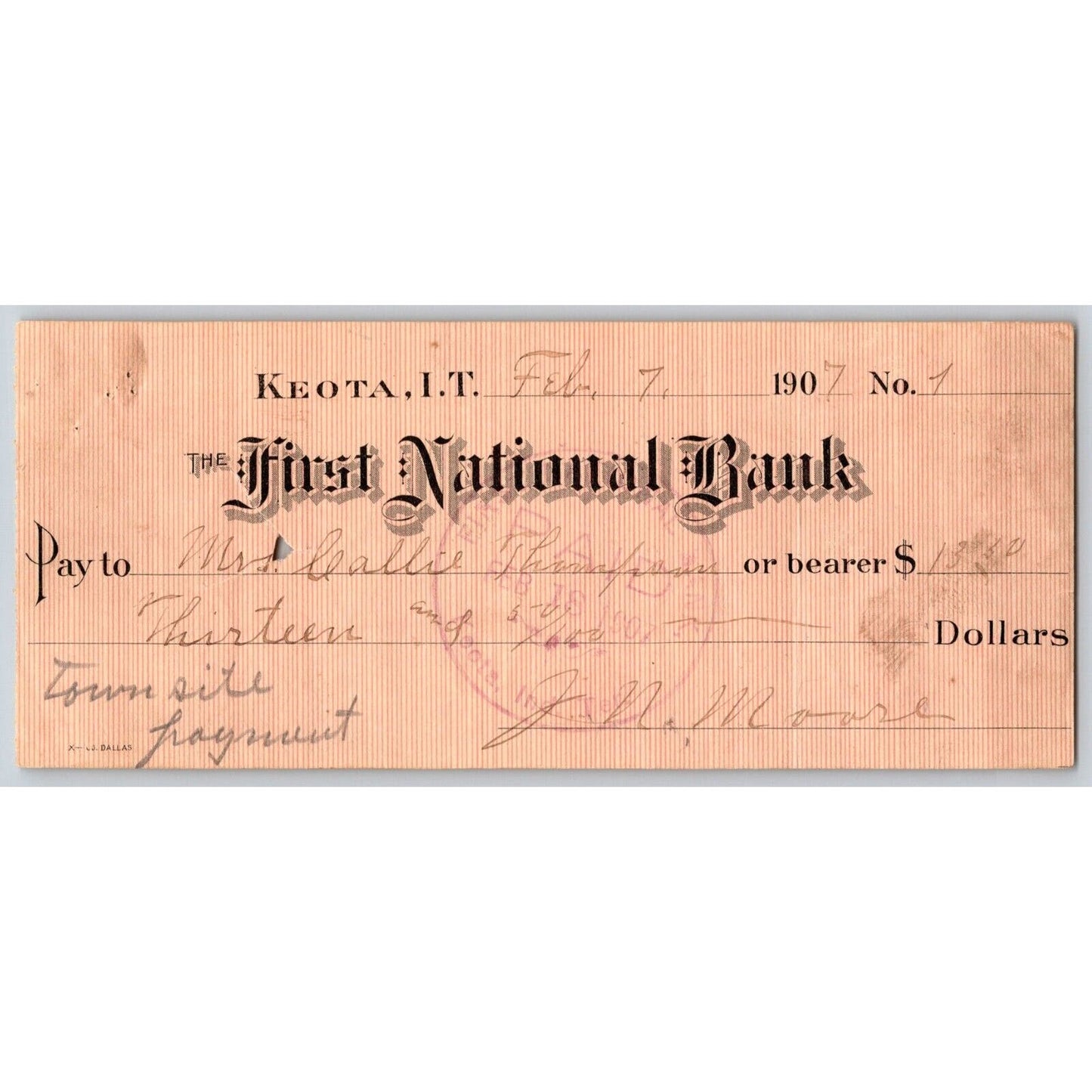 Keota, Oklahoma Indian Territory Feb. 1907 FNB Bank Check - Scarce