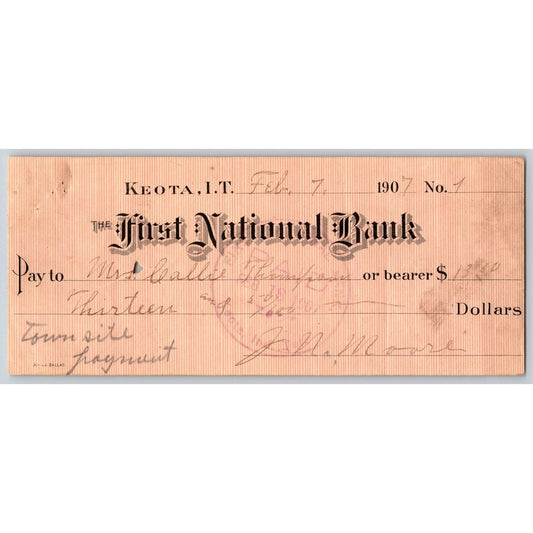 Keota, Oklahoma Indian Territory Feb. 1907 FNB Bank Check - Scarce