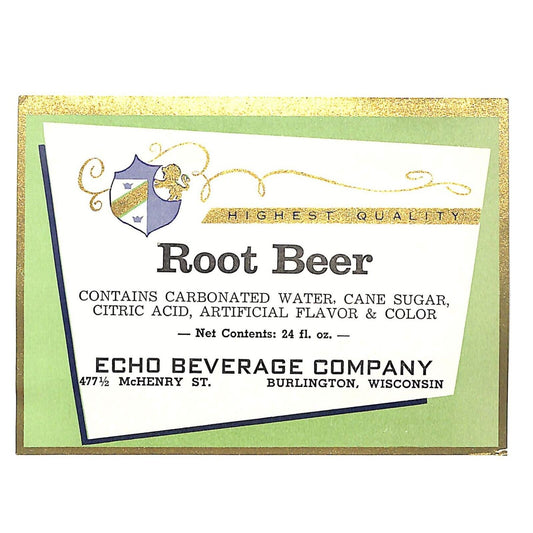 Echo Beverage Root Beer Soda Paper Label Burlington, WI c1940's-50's VGC Scarce