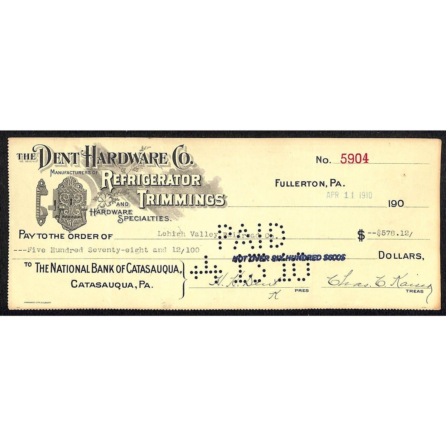 Fullerton Catasauqua, PA "Dent Hardware" Refrigerator Trimmings 1910 Bank Check