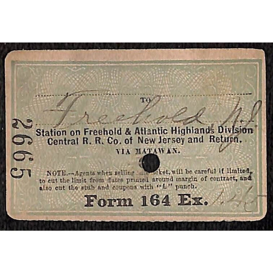 New York & Long Branch Railroad c1901 Ticket Freehold, NJ #2665