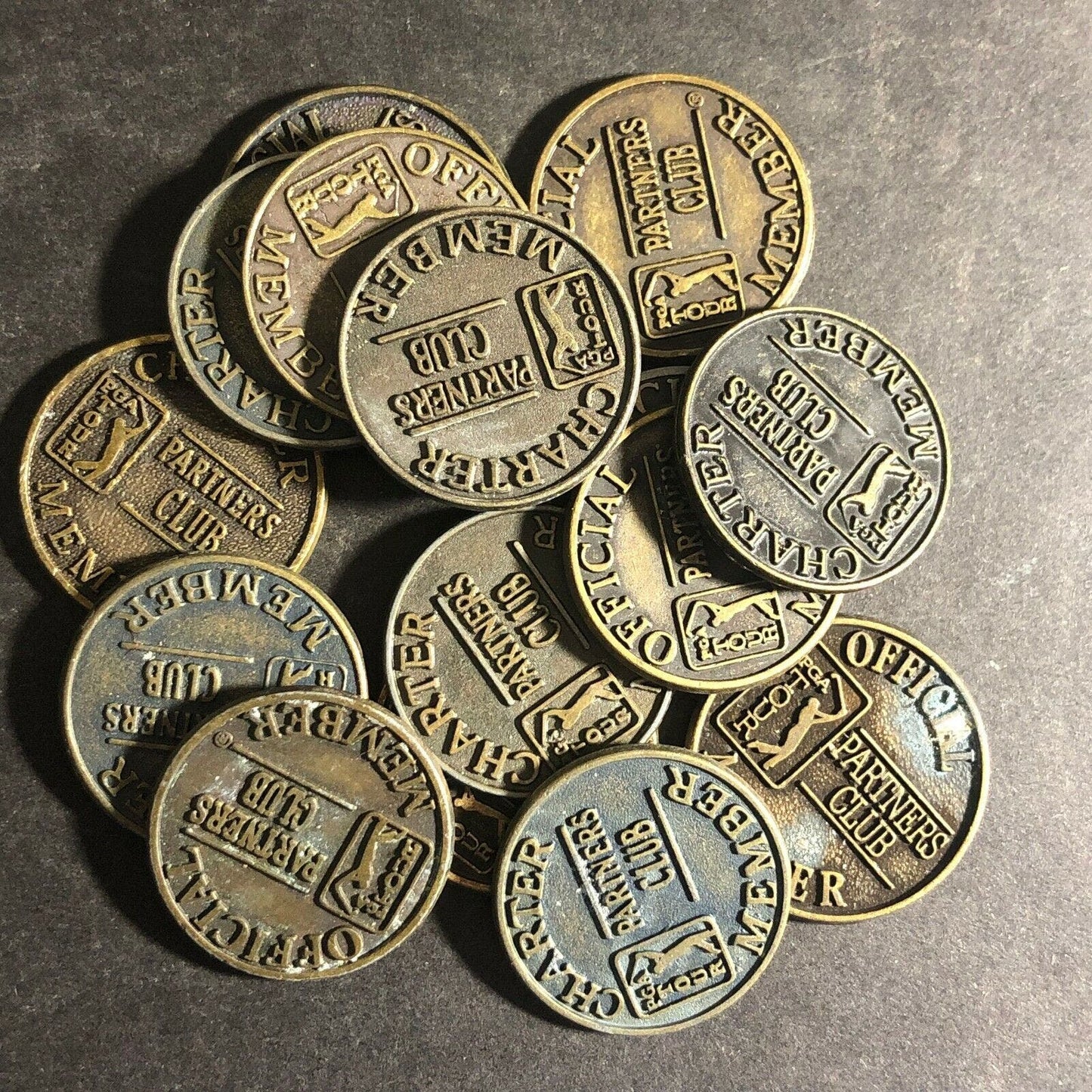 Group of 15 Antiqued Bronze PGA "Partners Club" Token / Golf Ball Marker
