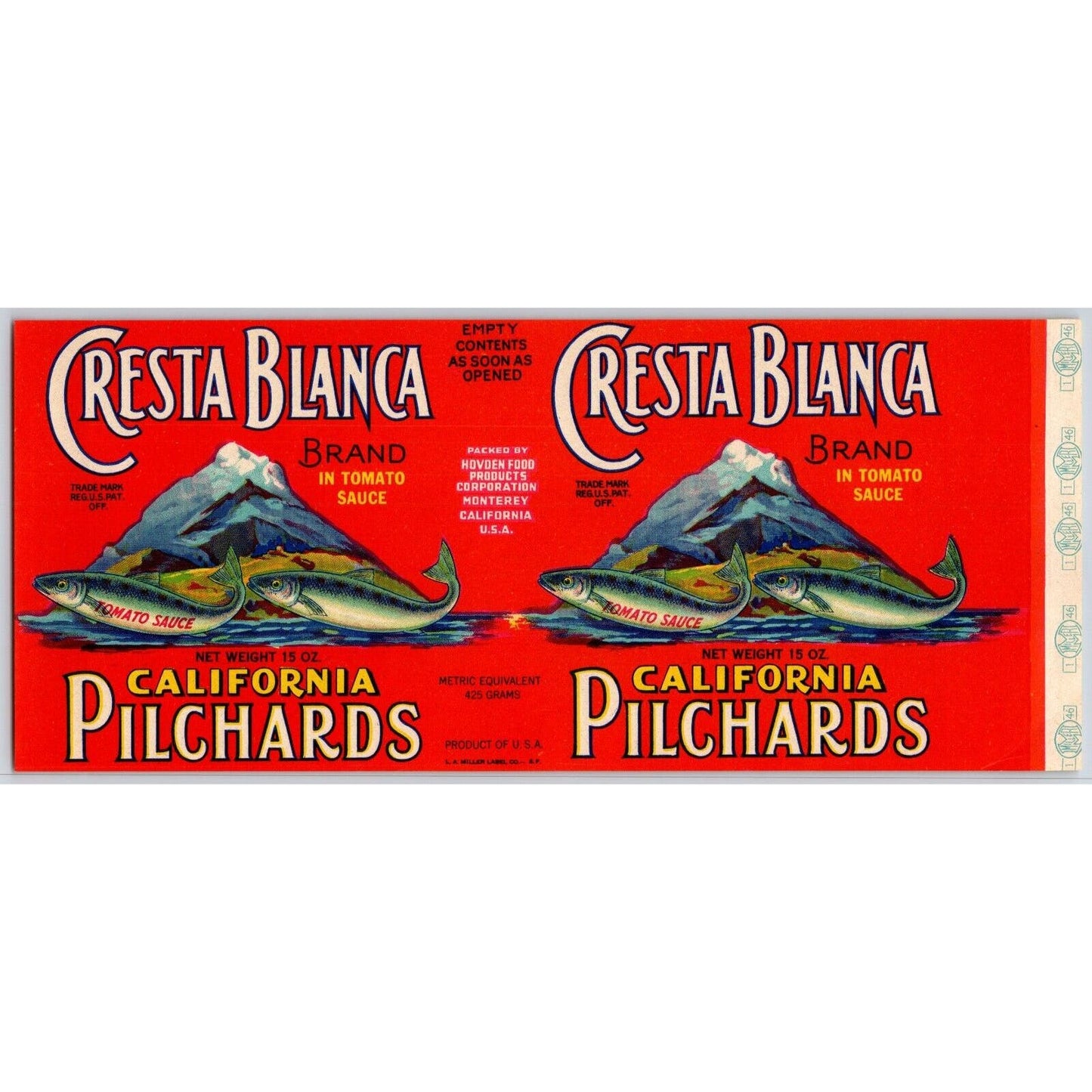 Cresta Blanca California Pilchards Paper Can Label Mountain c1946 VGC