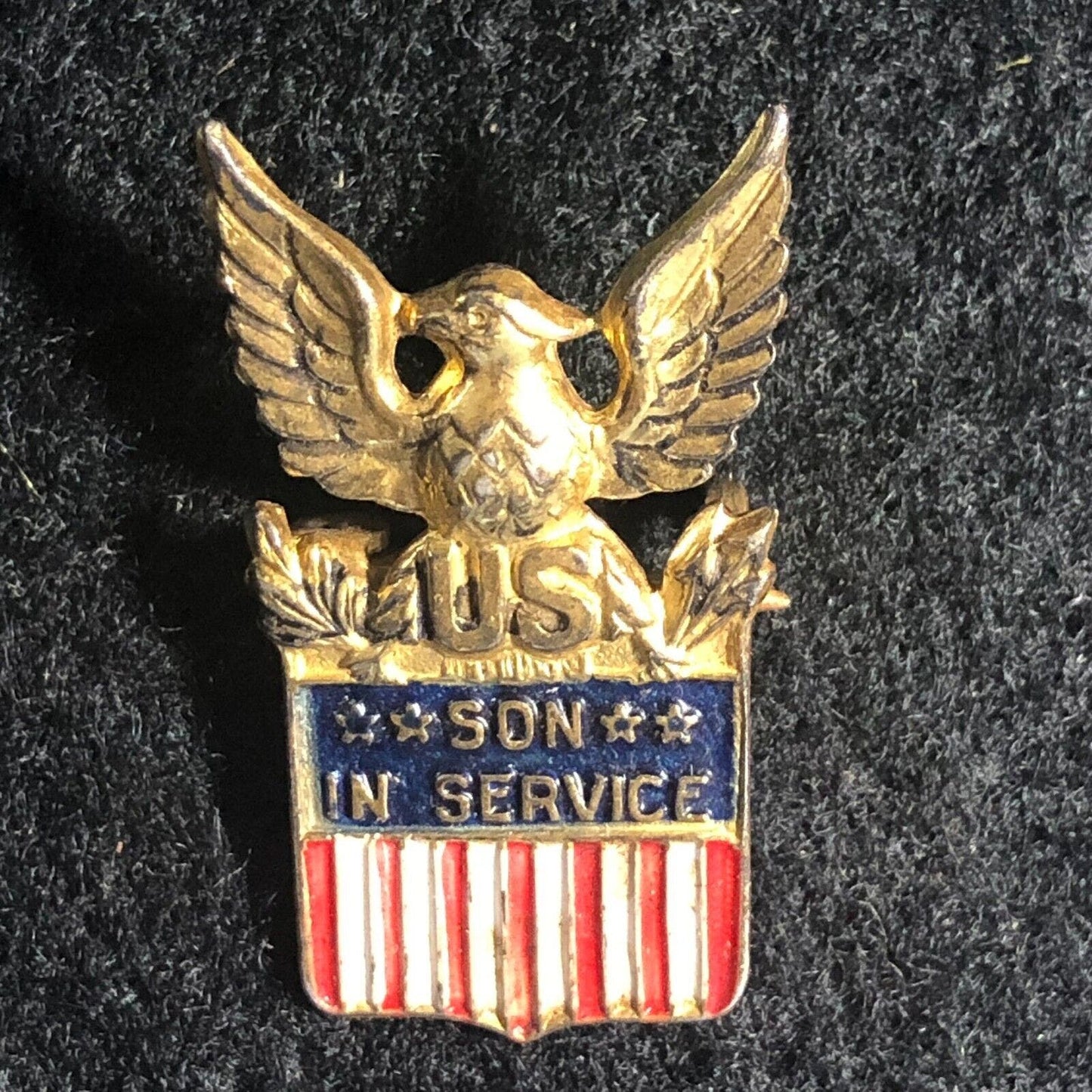 Vintage "Son In Service" Military Eagle Flag Shield Lapel Pinback - Sterling