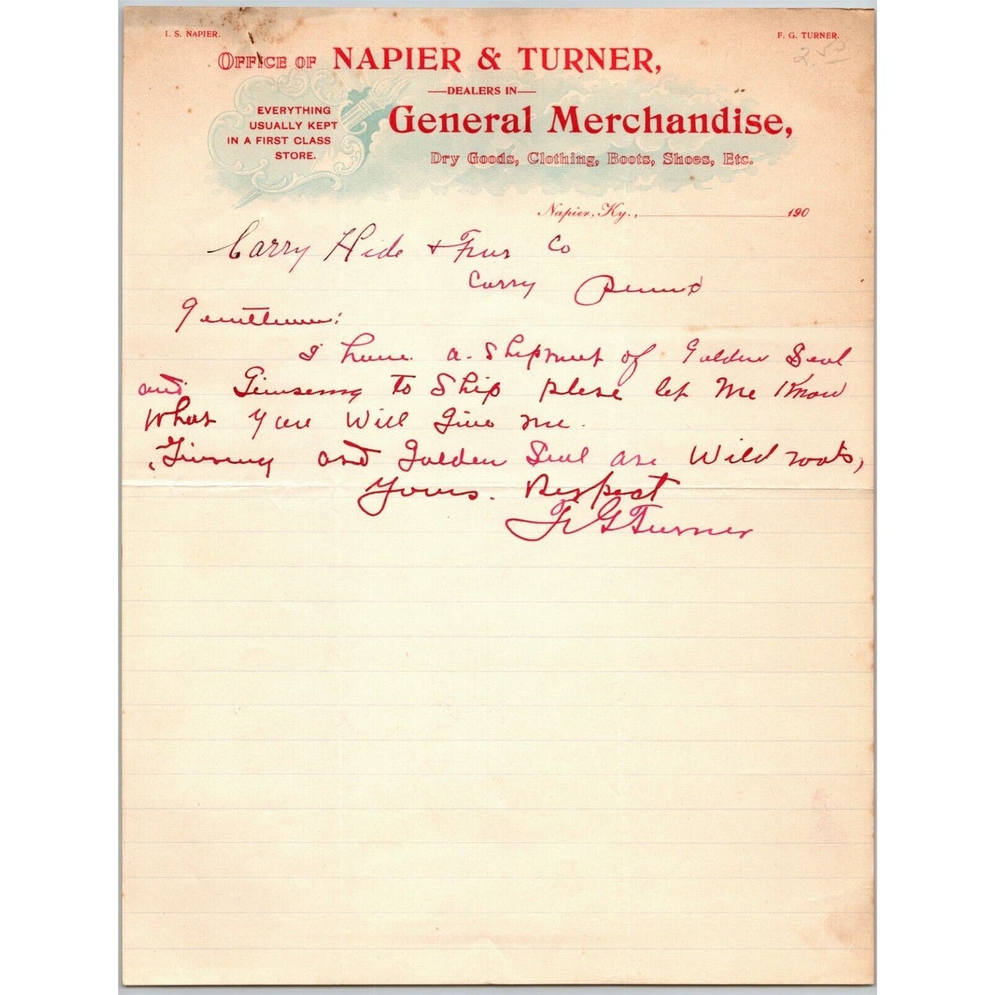 Napier & Turner General Merch c1905 Letterhead Napier, KY to Corry Hide Furs, PA