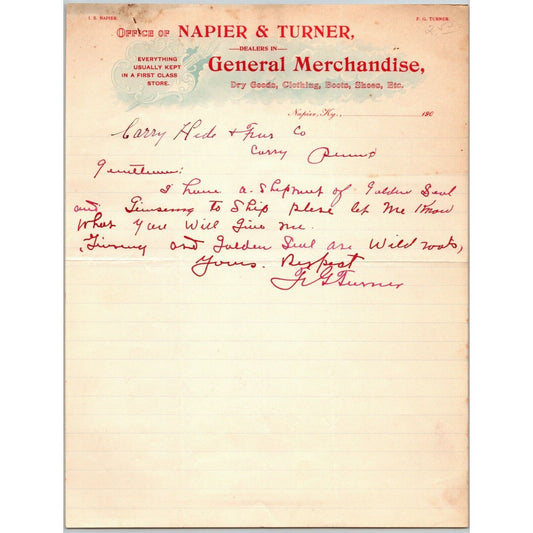 Napier & Turner General Merch c1905 Letterhead Napier, KY to Corry Hide Furs, PA