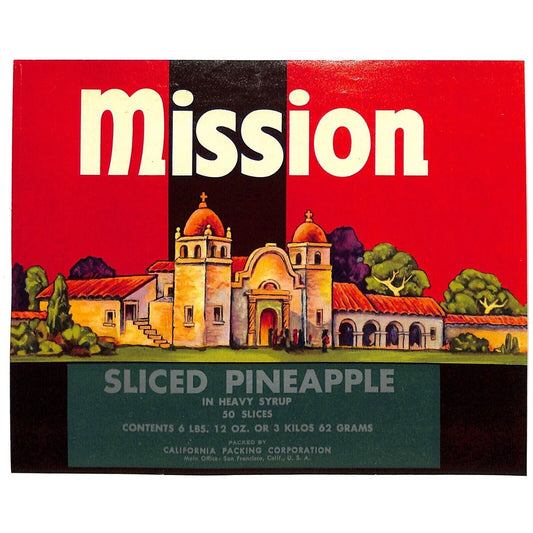 1950 Paper Fruit Can Label Mission Brand Sliced Pineapple - Scarce