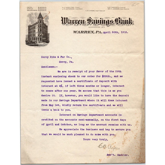 Warren Savings Bank 1913 Warren, PA Letterhead to: Corry Hide & Fur Corry, PA