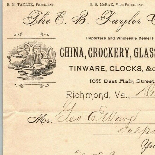 E.B. Taylor China Tinware Clocks Letterhead Richmond, VA to: Geo. E. Wear 1893
