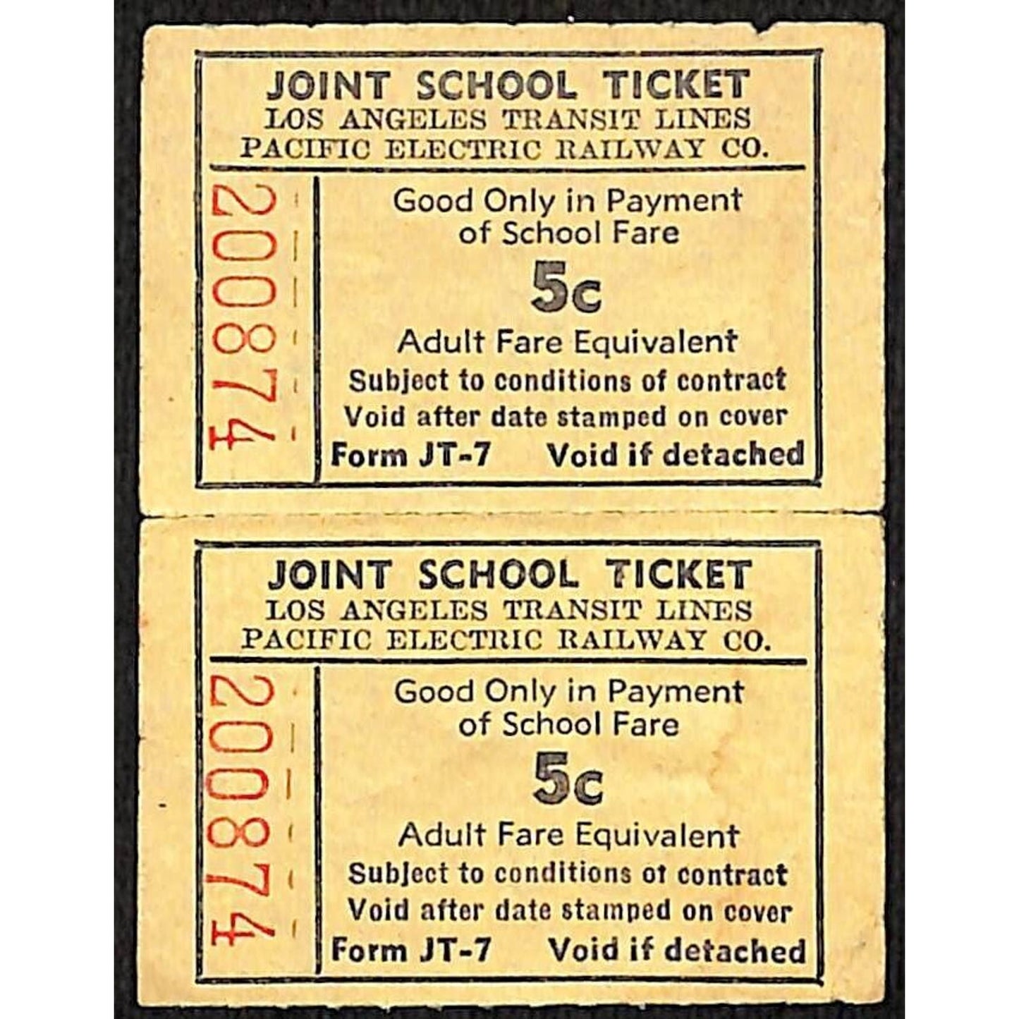 Los Angeles Transit / Pacific Electric Joint School Ticket 5c #200874