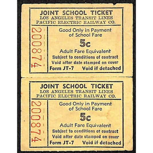 Los Angeles Transit / Pacific Electric Joint School Ticket 5c #200874