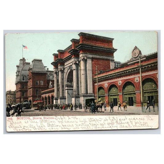 Boston, North Station Railroad Postcard w/ Horse Carriage / Trollies PM 1906