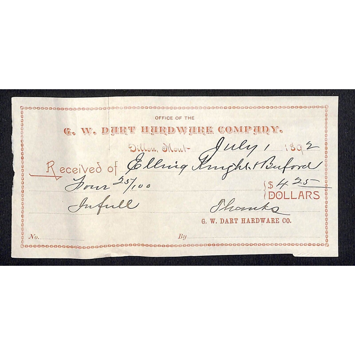 Dillon Montana G.W. Dart Hardware Company 1892 Receipt / Billhead (Henry Elling)