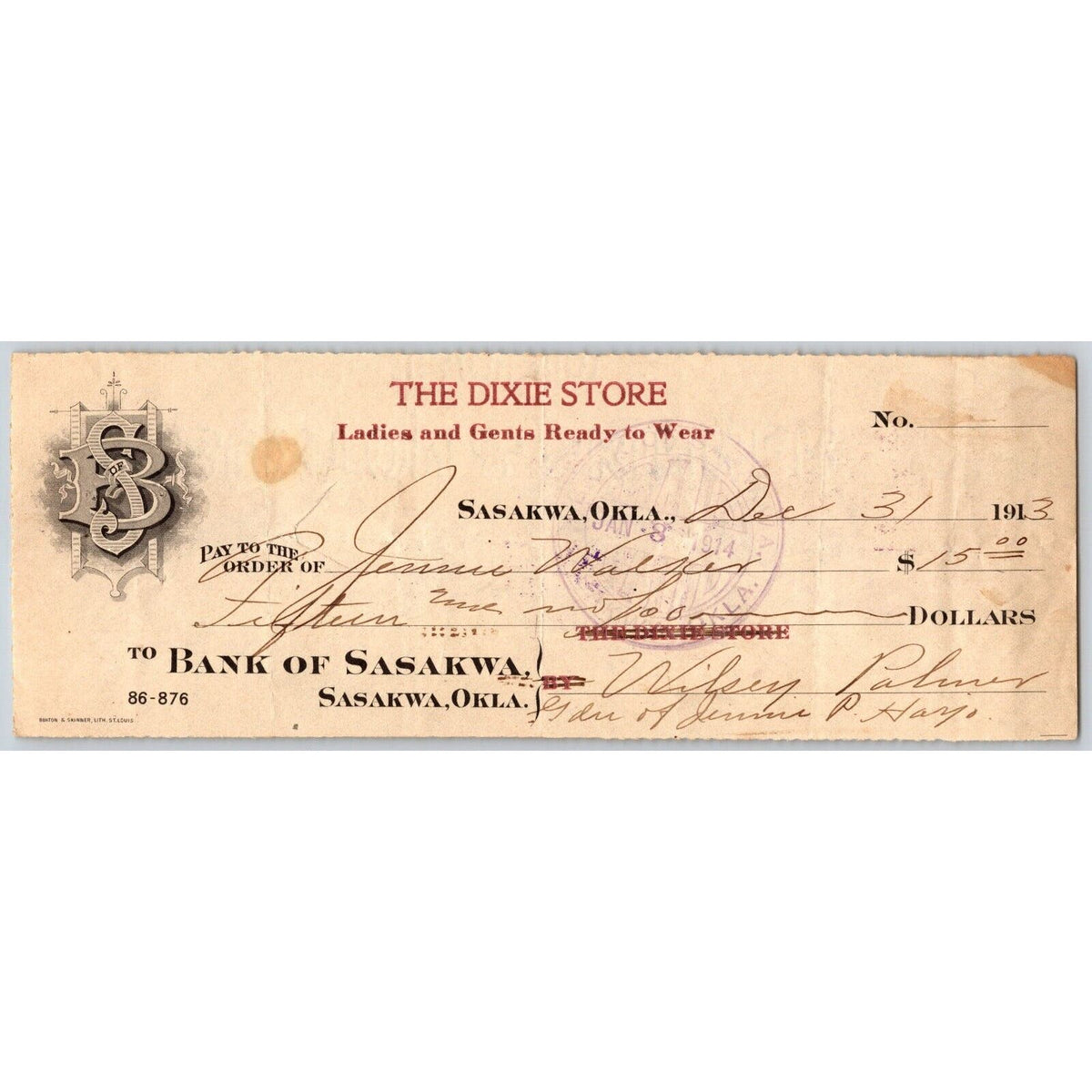 Sasakwa, Okla. 1913 "The Dixie Store" "Ladies and Gents Ready to Wear"