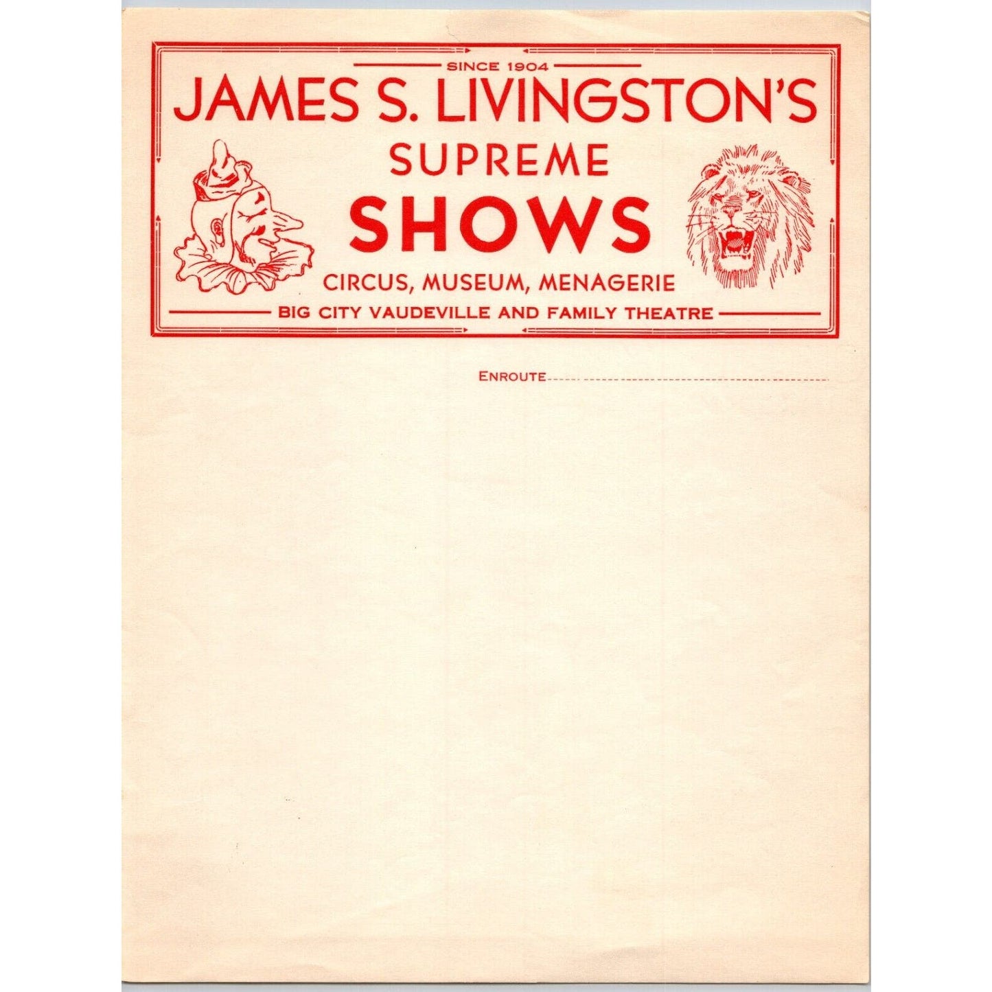 James S. Livingston's Supreme Shows Circus Letterhead c1930's Vaudeville