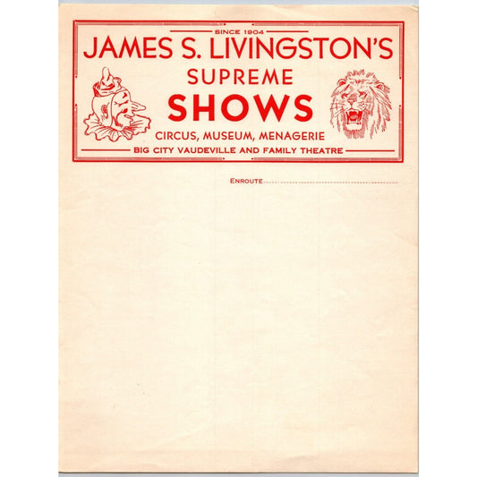 James S. Livingston's Supreme Shows Circus Letterhead c1930's Vaudeville
