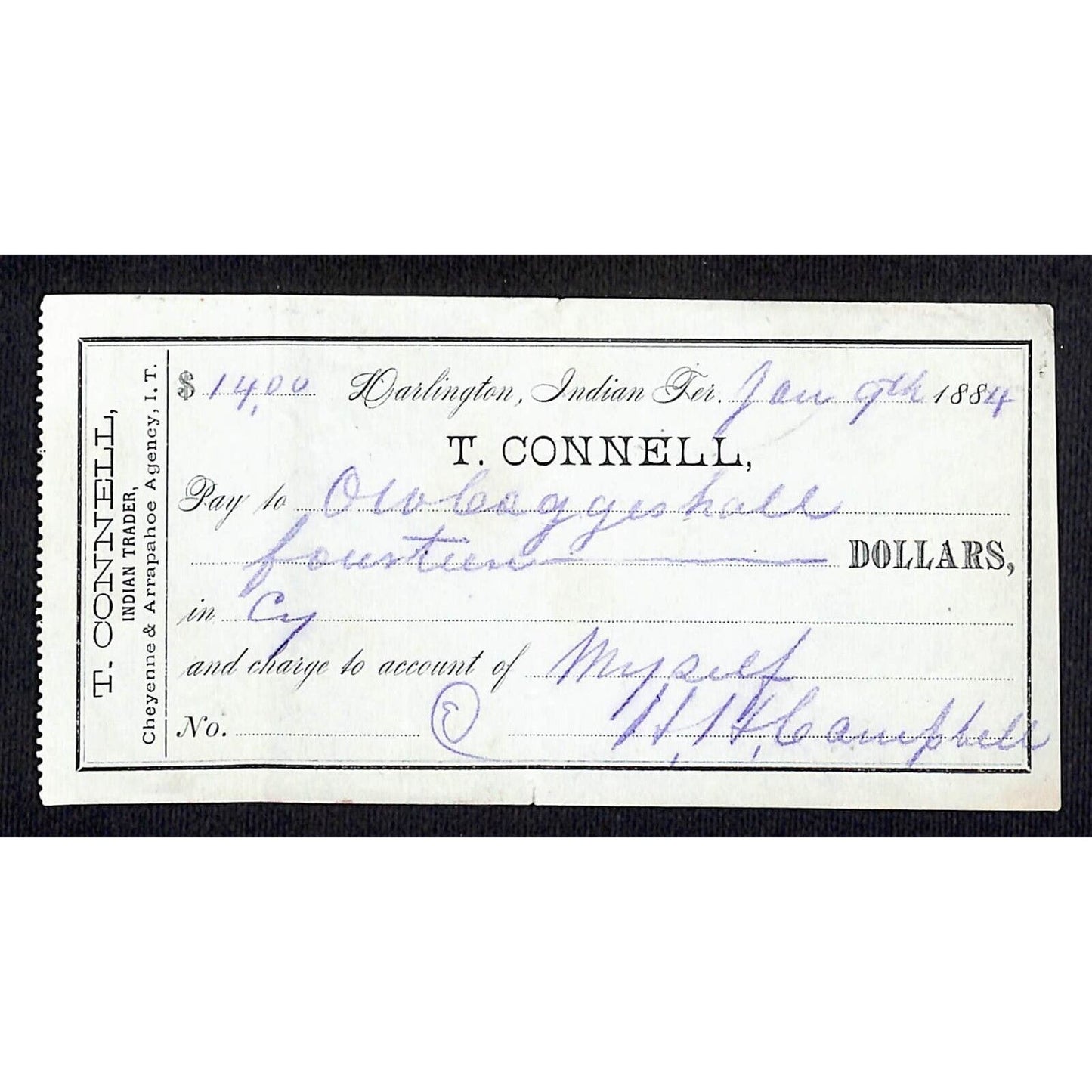 Darlington, Ok Indian Territory 1884 T. Connell Indian Trader Check Scarce
