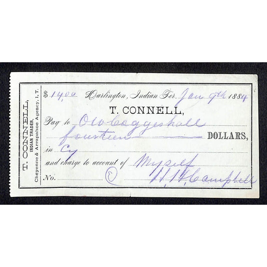 Darlington, Ok Indian Territory 1884 T. Connell Indian Trader Check Scarce