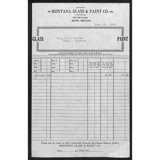 Montana Glass & Paint Montana June 1933 Billhead Letterhead - Wilson Drug