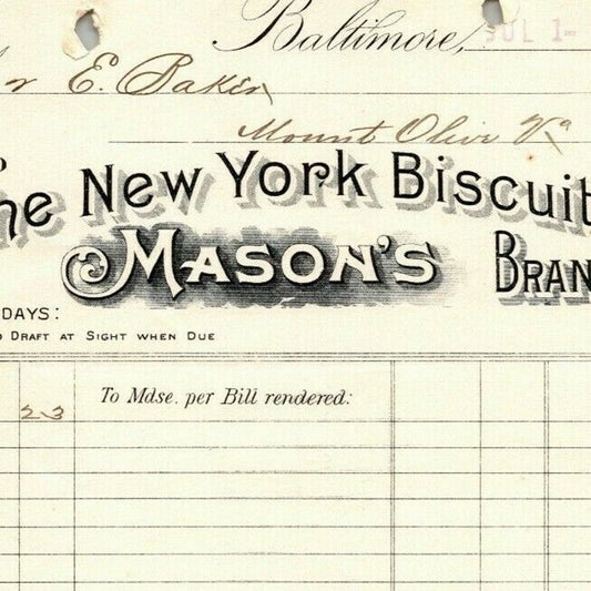 1896 Letterhead New York Biscuit Co. Mason's Branch Baltimore - Ephraim Baker*