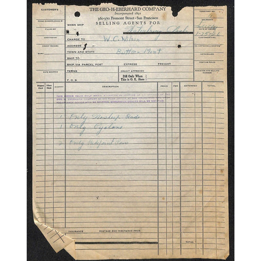 Geo H, Eberhard Butte Montana 1926 Billhead Letterhead Wilson Drug
