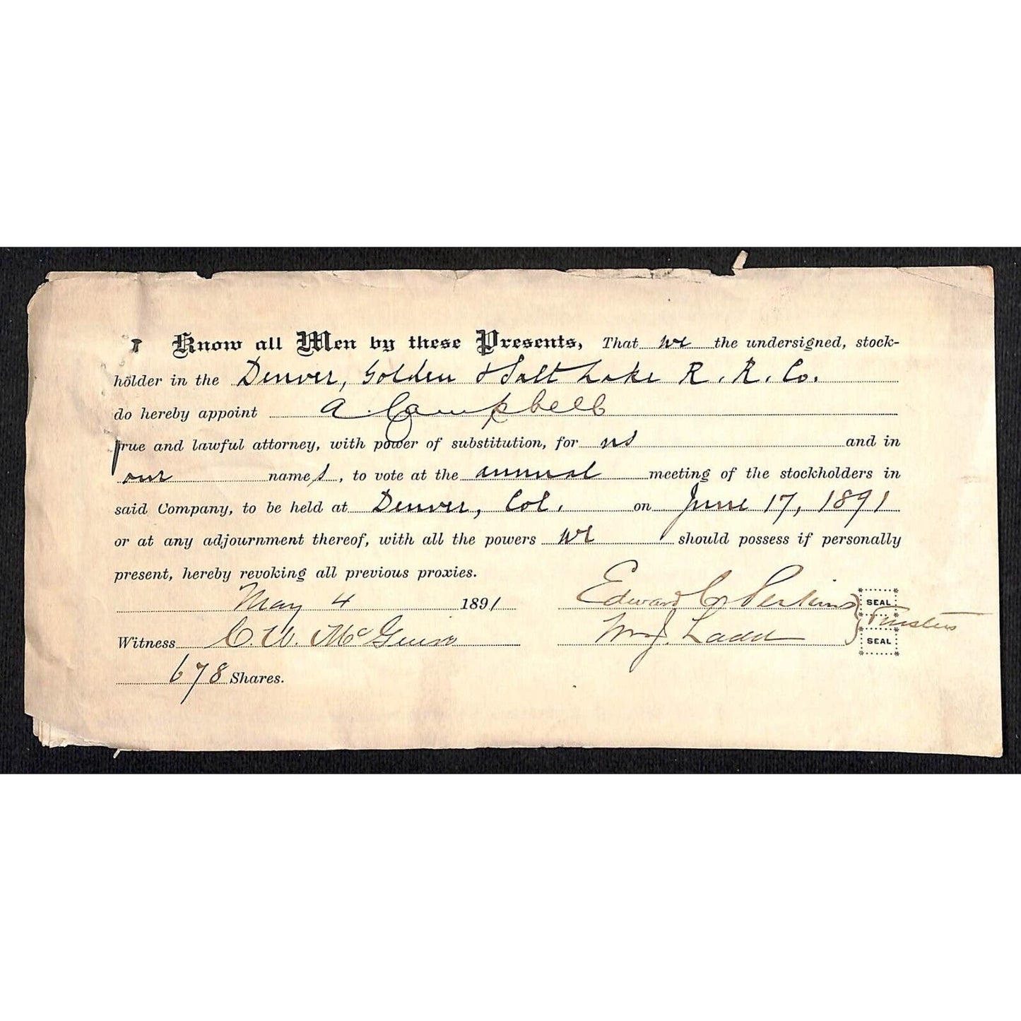 Group of 6 1891 Denver, Golden and Salt Lake Railroad 1881-1917 Stock Documents