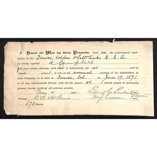 Group of 6 1891 Denver, Golden and Salt Lake Railroad 1881-1917 Stock Documents