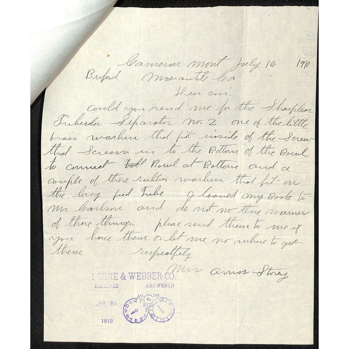 Deere-Webber Co* Minneapolis 1910 Letterhead Buford** re: Parts Order + 2nd Note