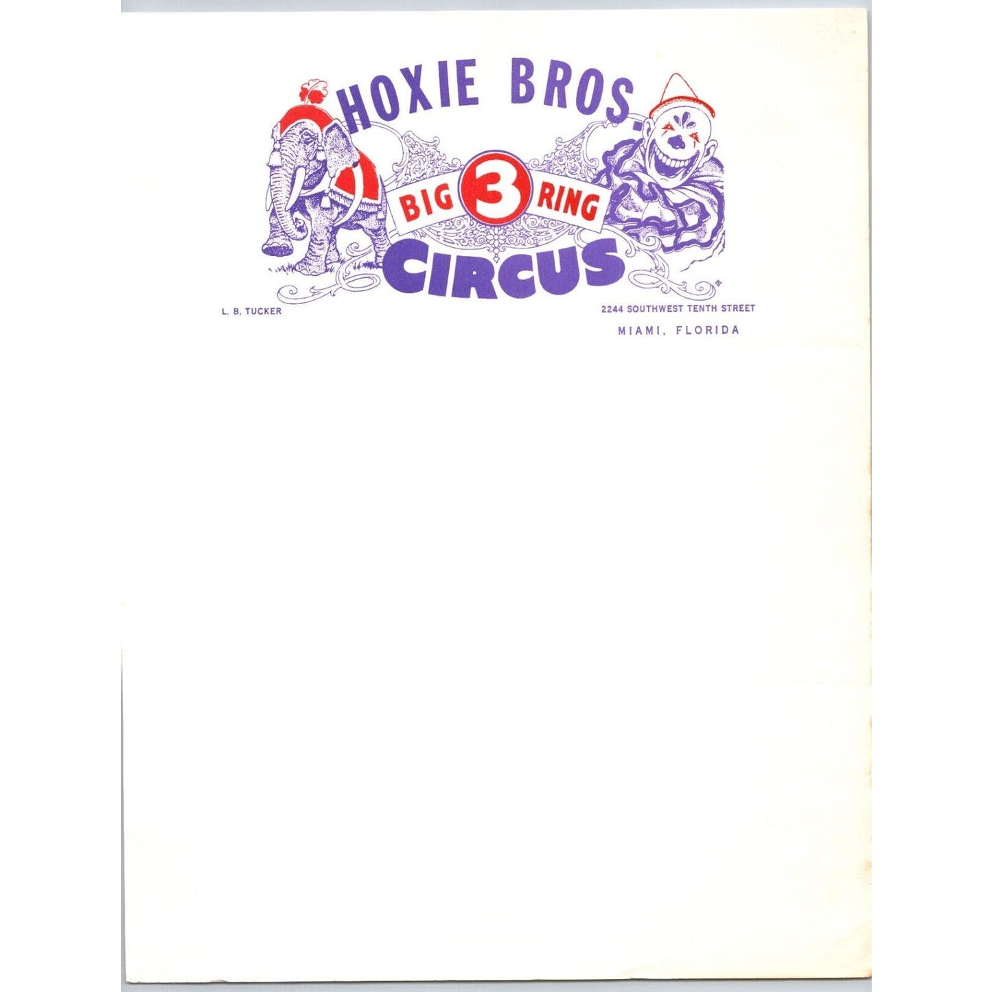 Hoxie Bros Big 3 Ring Circus Letterhead c1963 Elephant Clown Scarce