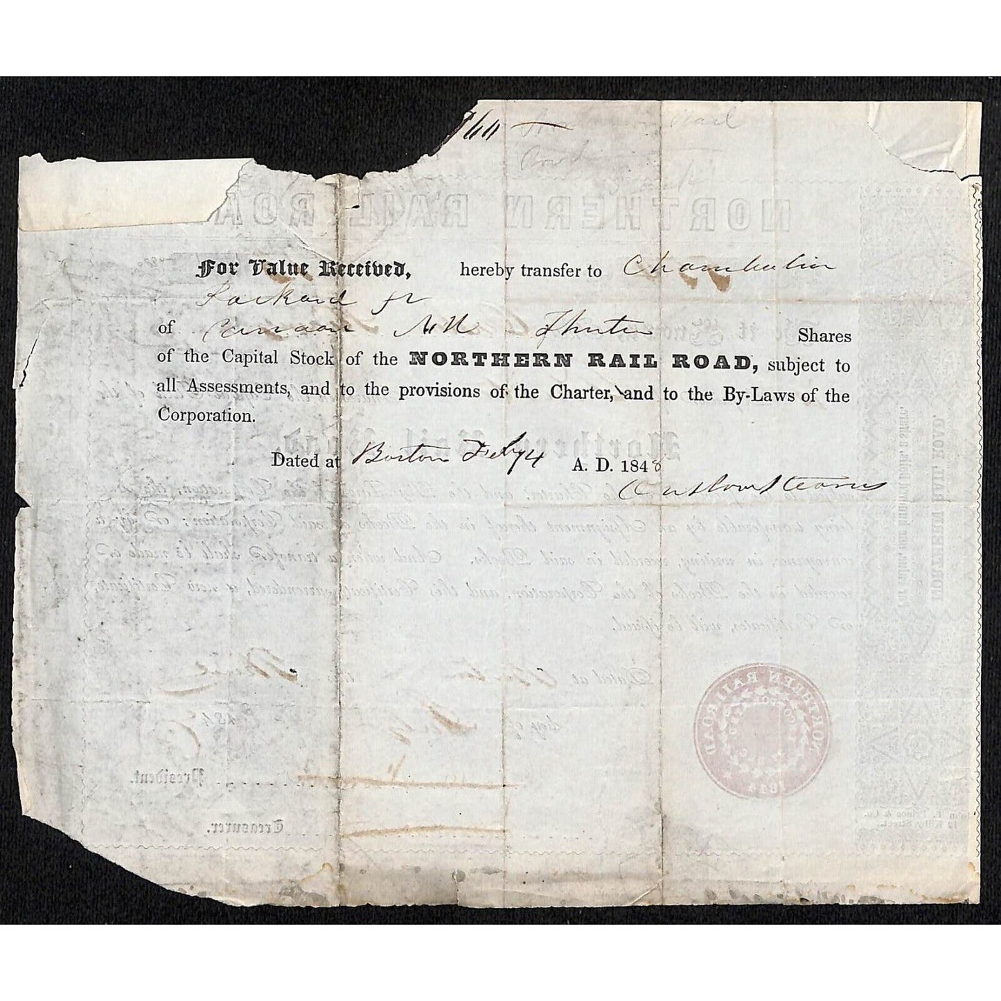 1847 Boston, MA Northern Railroad Stock Certificate No. 554 for 13 Shares