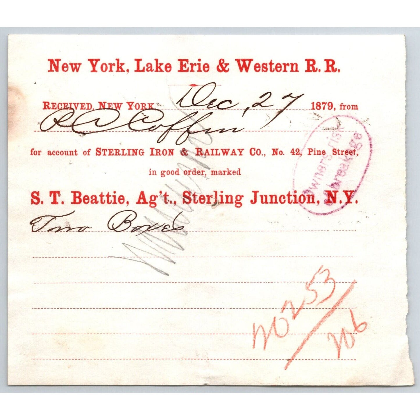 New York, Lake Erie & Western R.R. 1879 Railroad Freight Billhead Two Boxes
