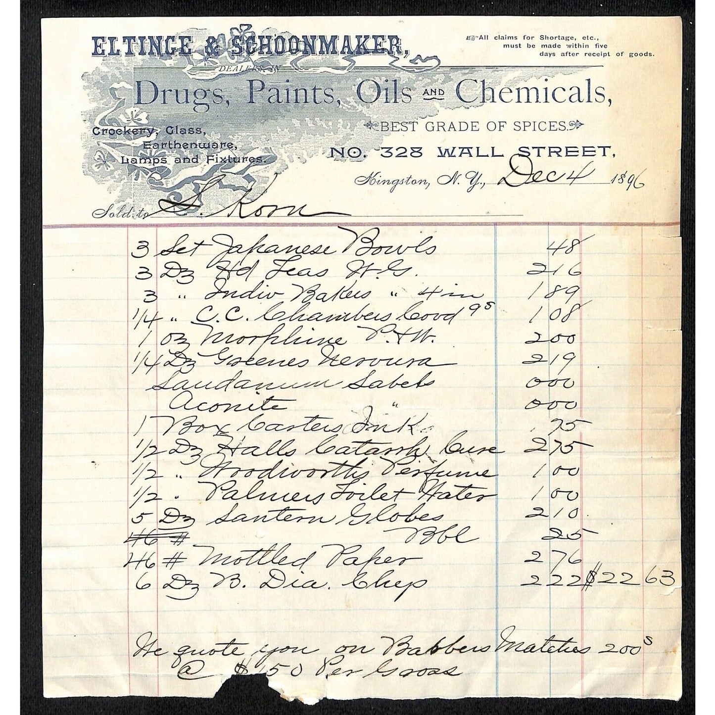 Kingston, NY Eltingle & Schoonmaker Drugs Paints Oils 1896 Billhead Scarce