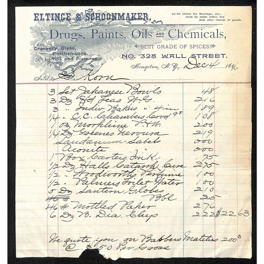 Kingston, NY Eltingle & Schoonmaker Drugs Paints Oils 1896 Billhead Scarce