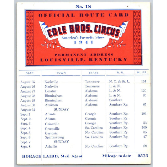 1941 Cole Bros Circus Route Card Tennessee Alabama Georgia South Carolina