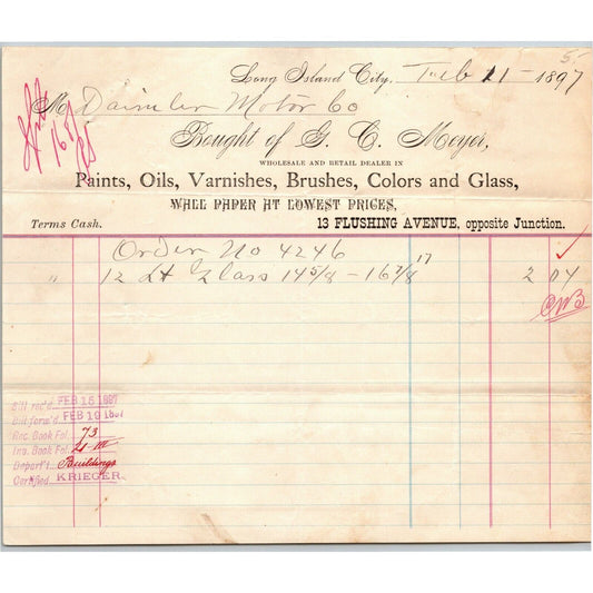 G.C. Meyer Paints Wall Paper 1897 Letterhead LIC NY - Daimler Motors / Steinway