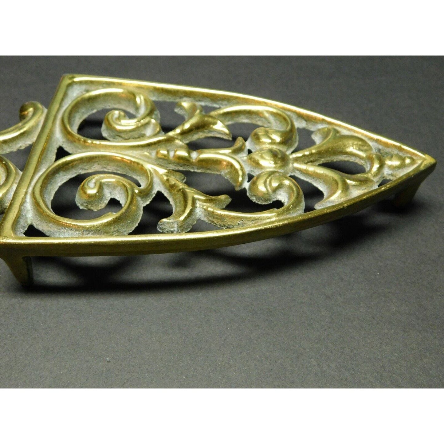 Footed Polished Brass Colored Sad or Flat Iron Trivet - 8 1/2"