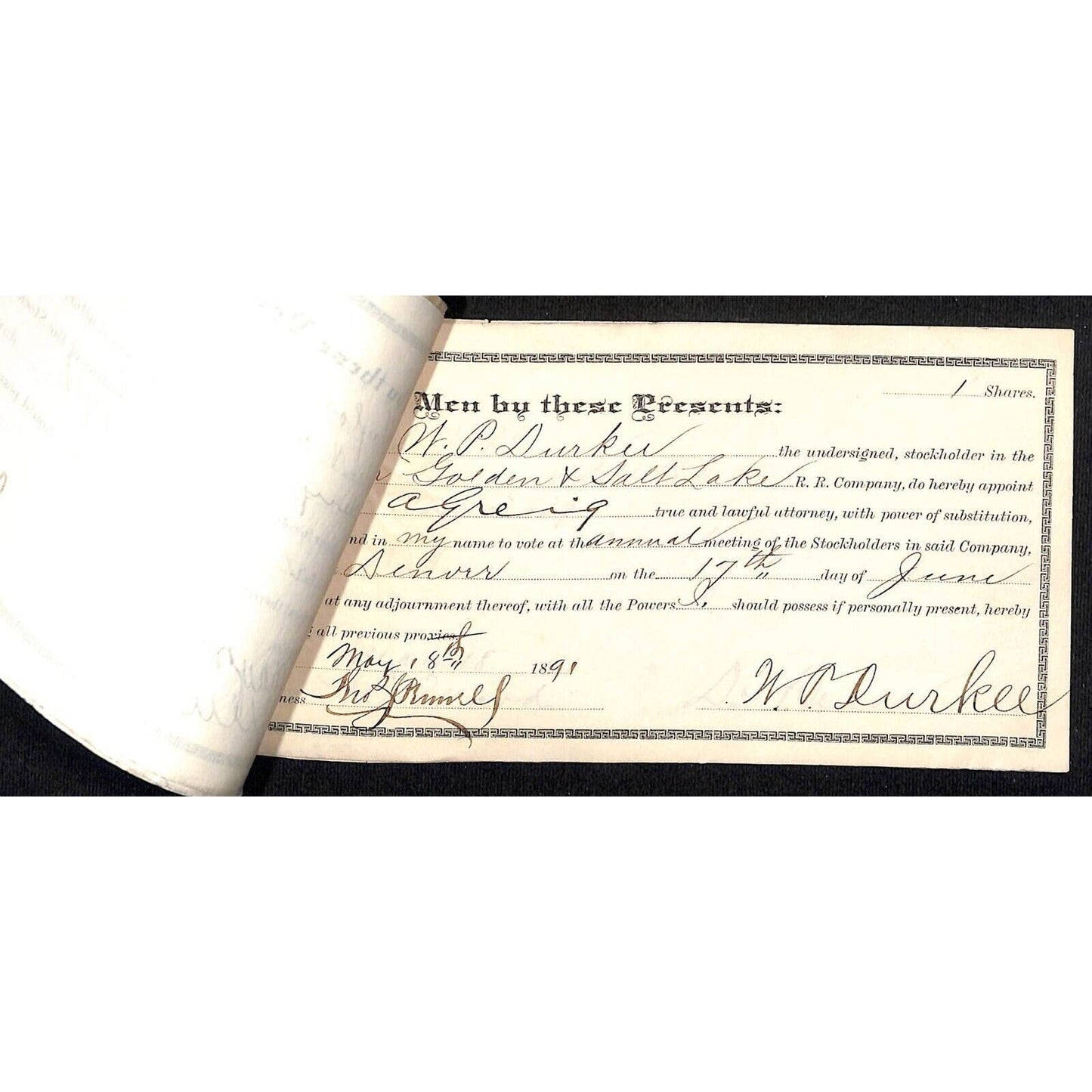 Group of 6 1891 Denver, Golden and Salt Lake Railroad 1881-1917 Stock Documents