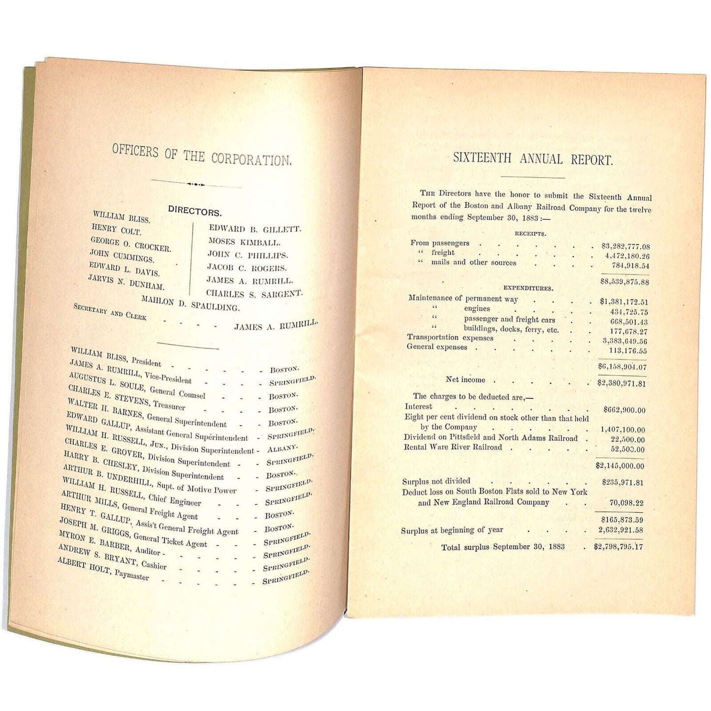 1883 Boston & Albany Railroad Annual Report 16pp - Scarce VGC