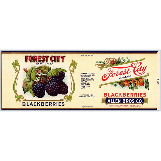 Forest City Blackberries Paper Can Label Omaha, NE NOS VGC c1920's-30's