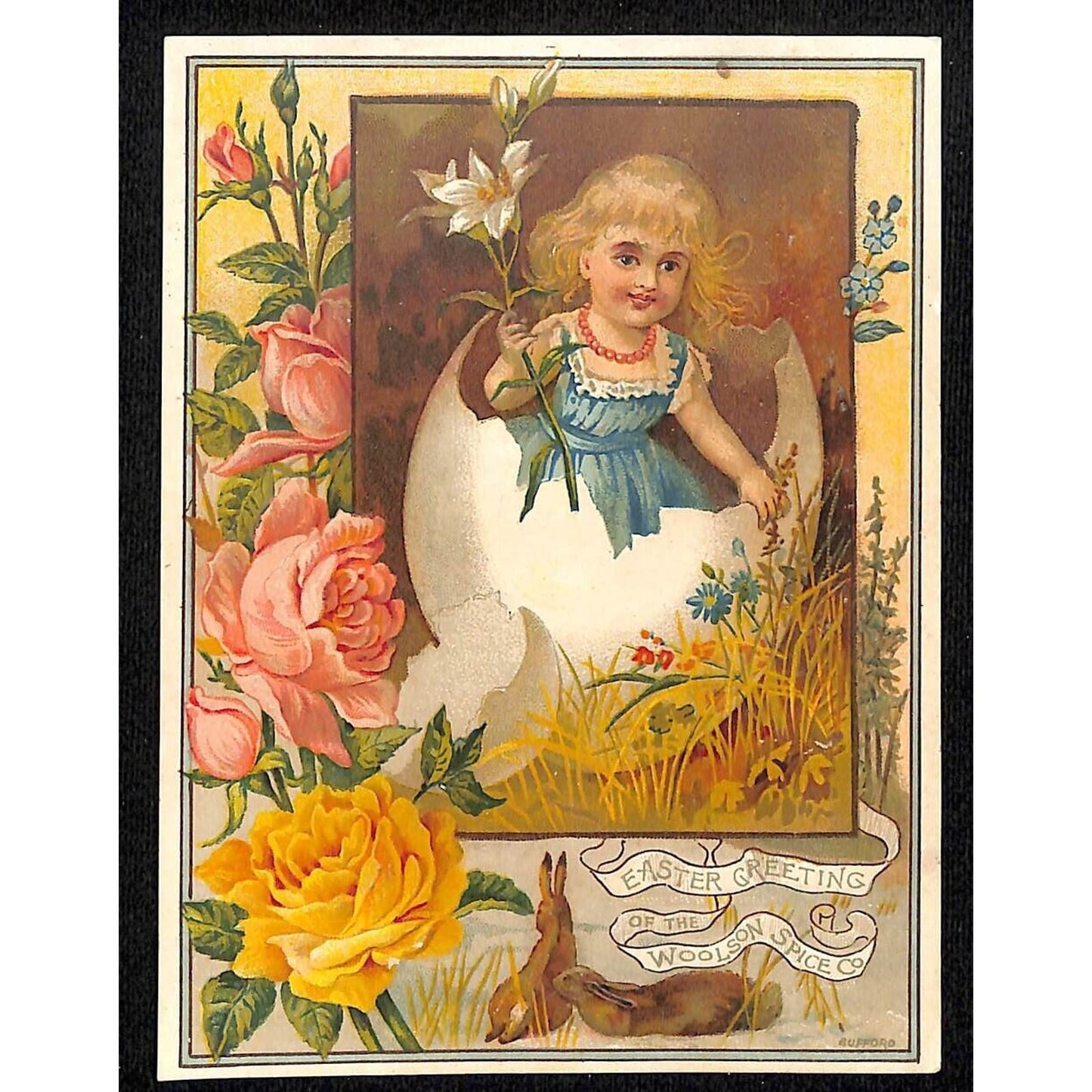 Eater Greetings Woolson Spice Lg Victorian Trade Card - Girl w/ Flower in Egg