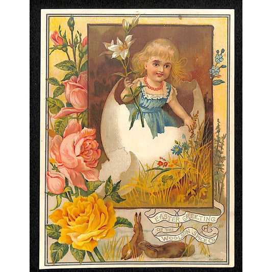 Eater Greetings Woolson Spice Lg Victorian Trade Card - Girl w/ Flower in Egg