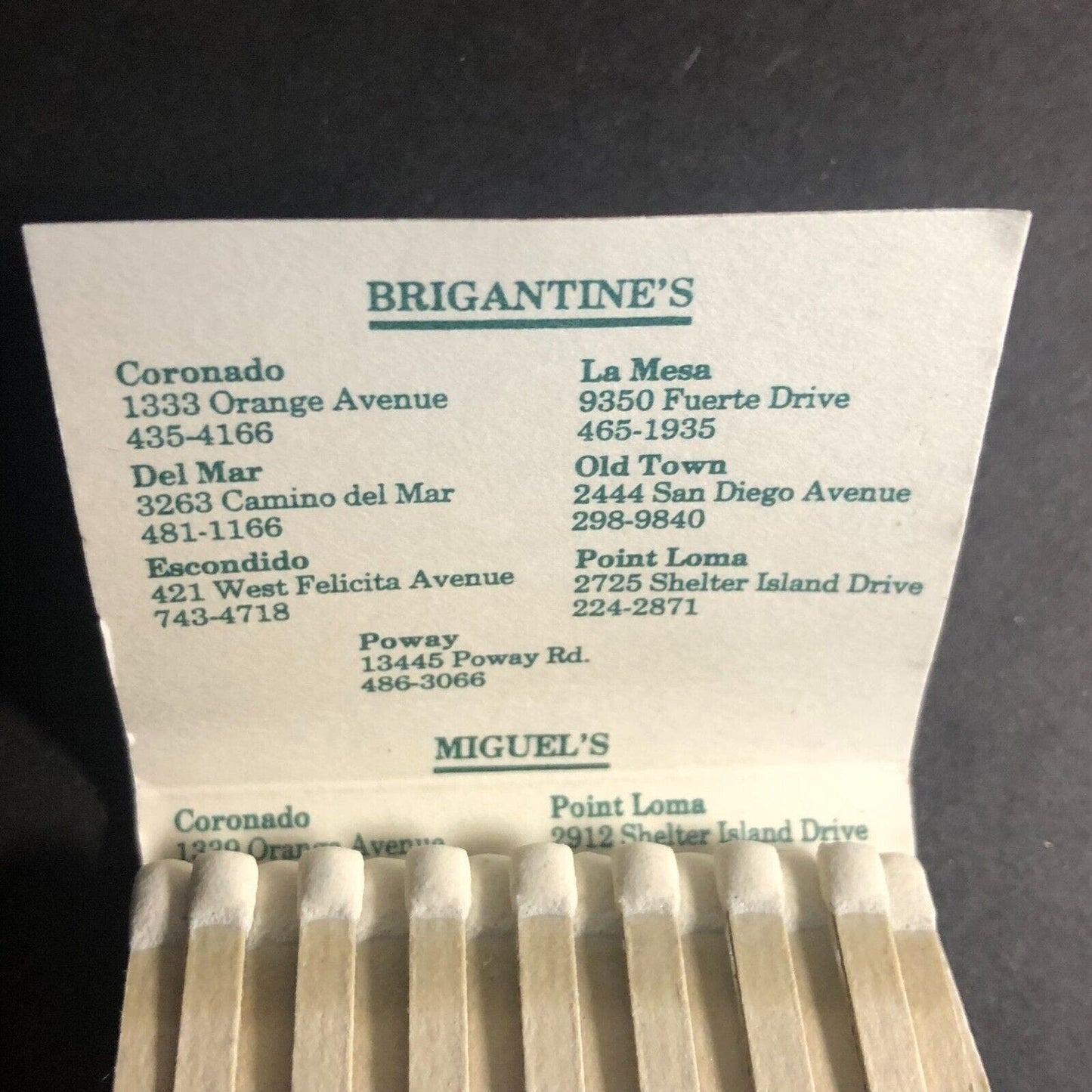 Brigantine Seafood / Miguel's Restaurant Full Matchbook c1980's VGC