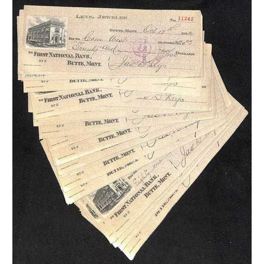 Group of 50+ 1913 FNB / Leys Jeweler Butte, MT Bank Checks VGC