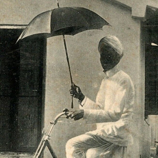 Vintage Postcard c1906 Man Riding Bicycle Holding Umbrella For Shade