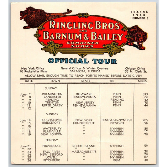 1948 Ringling Bros Barnum Bailey Circus Route Card Bridgeport New London Lowell